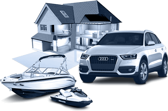 A car, house, and two boats with a white background
